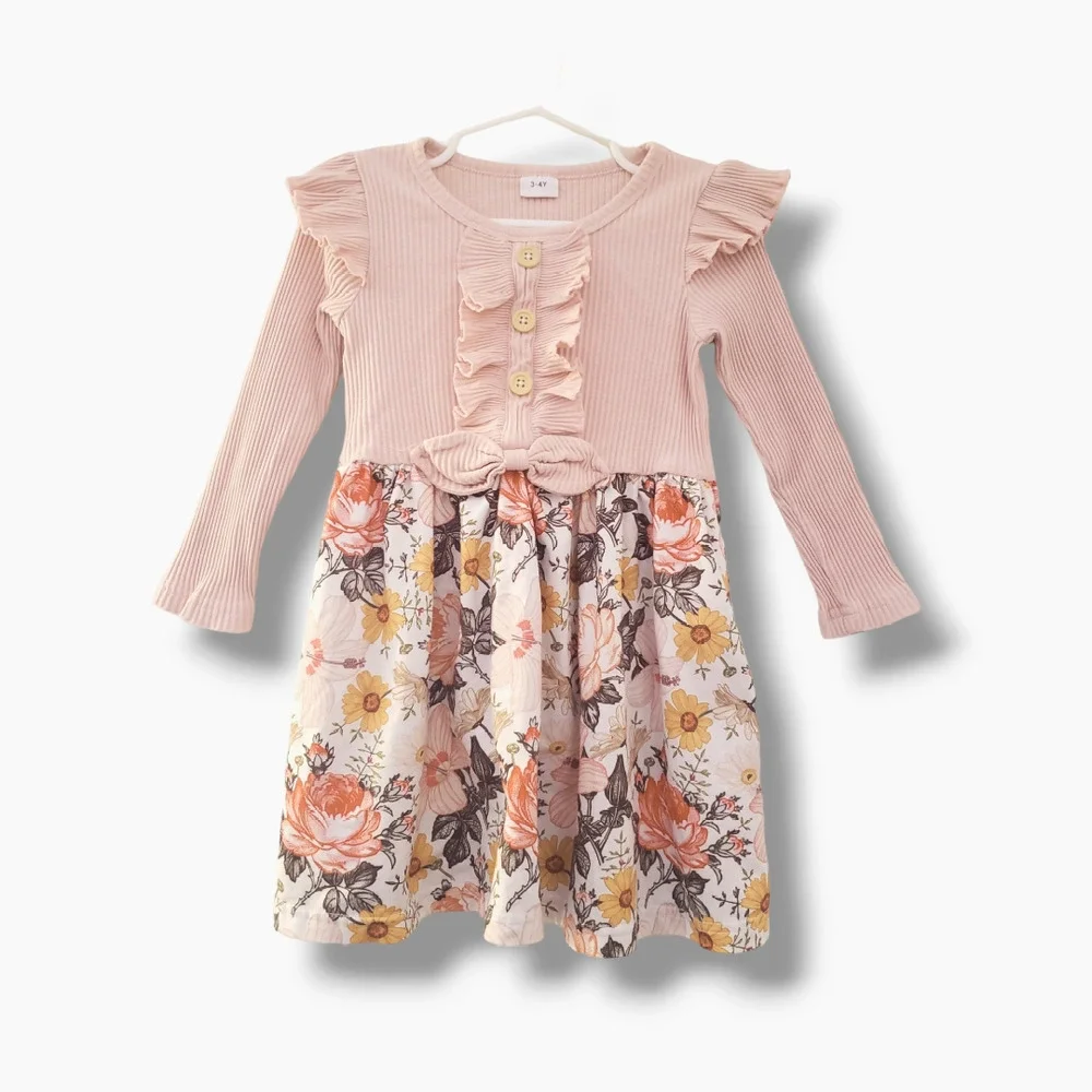 Girls Toddler 3/4 Floral Print Ruffle Bow Trim Dress